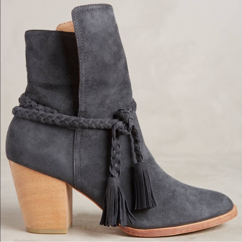 Anthropologie Charcoal Suede Braided Tassel Ankle Boots